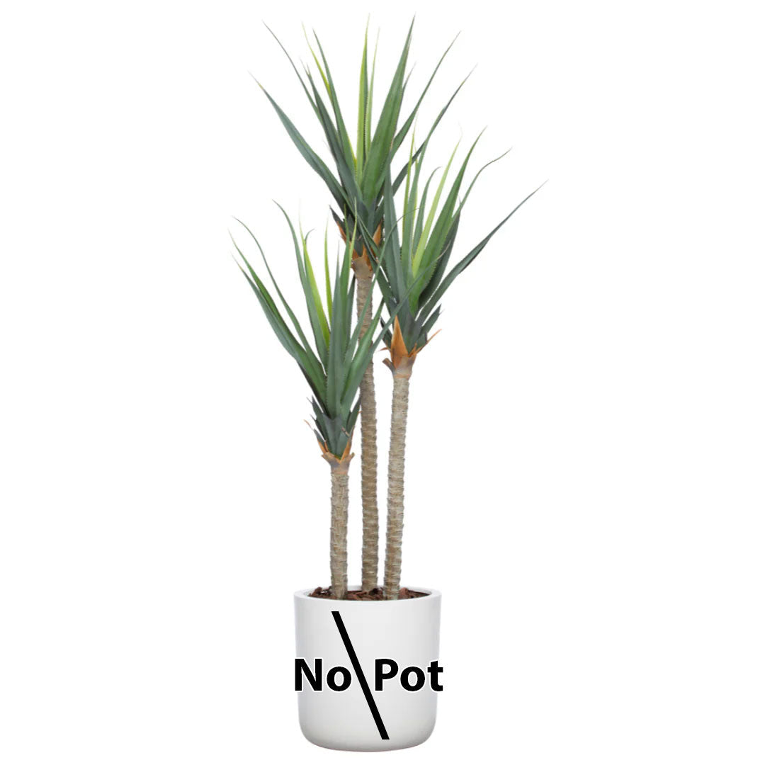 Artificial pandanus plant with three tall green stems, displayed in a white pot labeled No Pot.