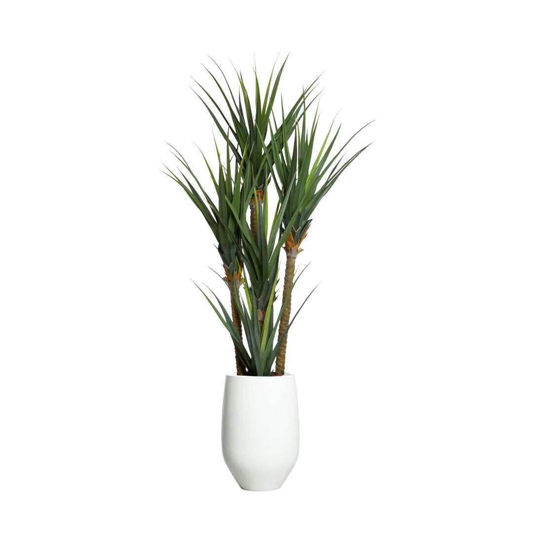 Tall artificial pandanus plant with green spiky leaves in a white tapered planter