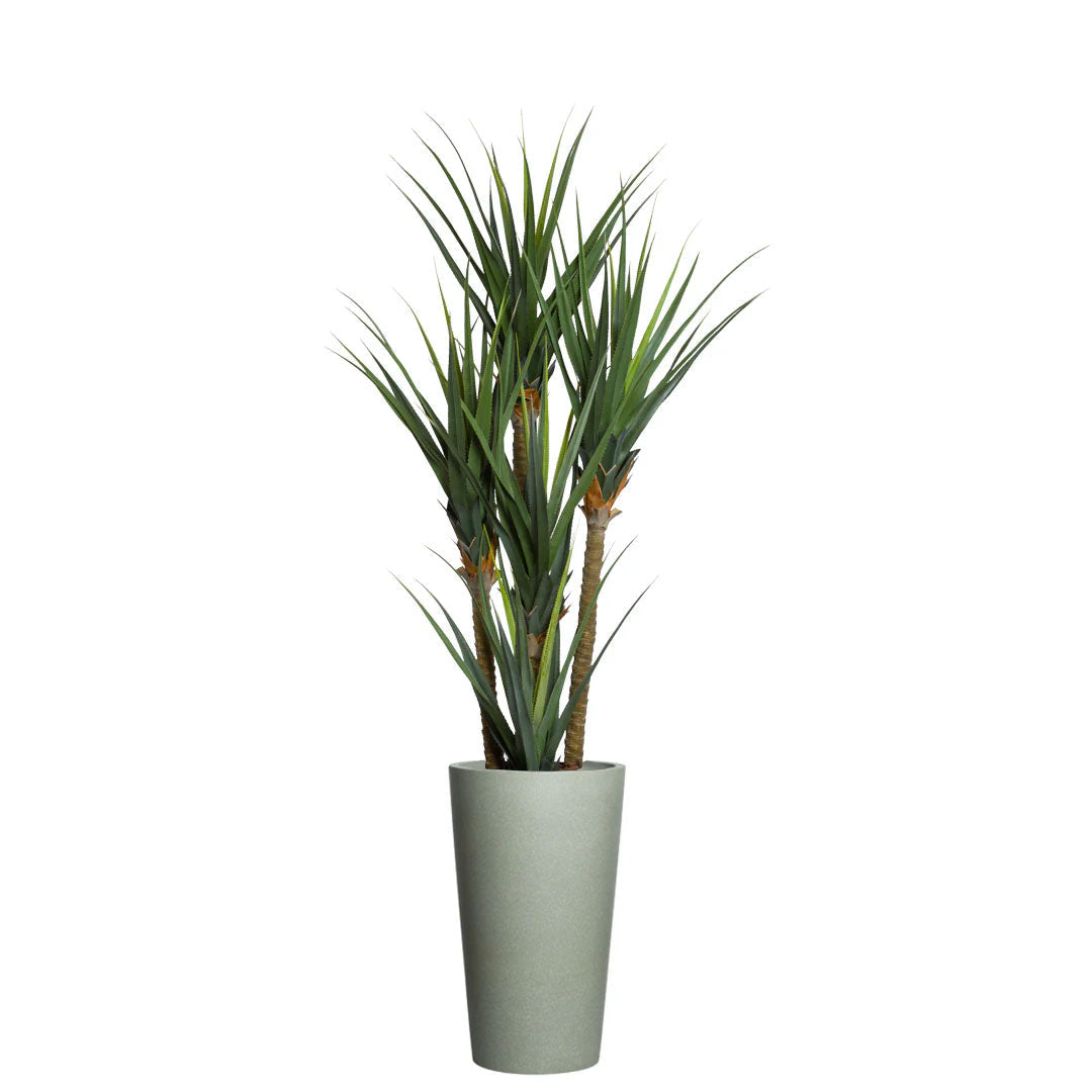Tall artificial pandanus plant with spiky green leaves in a modern greystone planter