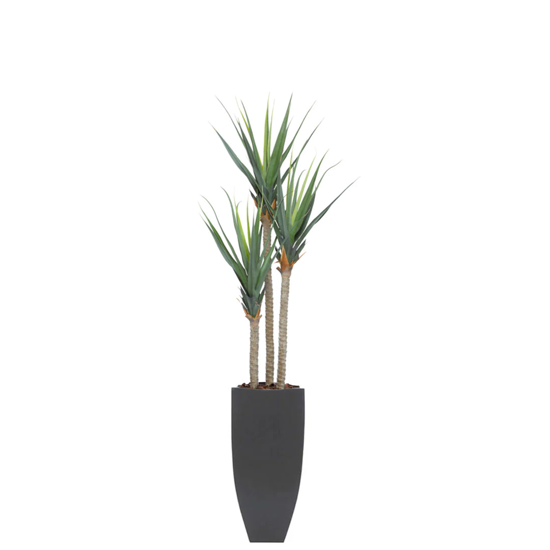 Artificial pandanus plant with green leaves in a tall black square planter