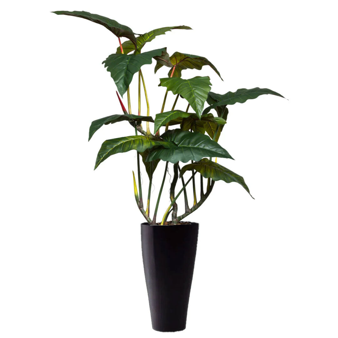 Artificial philodendron giant in tall black planter with realistic green leaves.