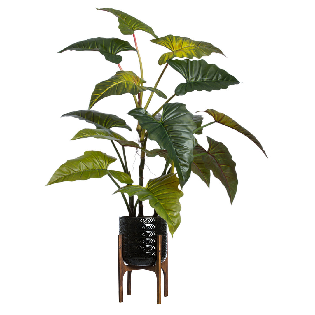 Artificial Philodendron Red plant in black pot with wood stand, realistic green foliage