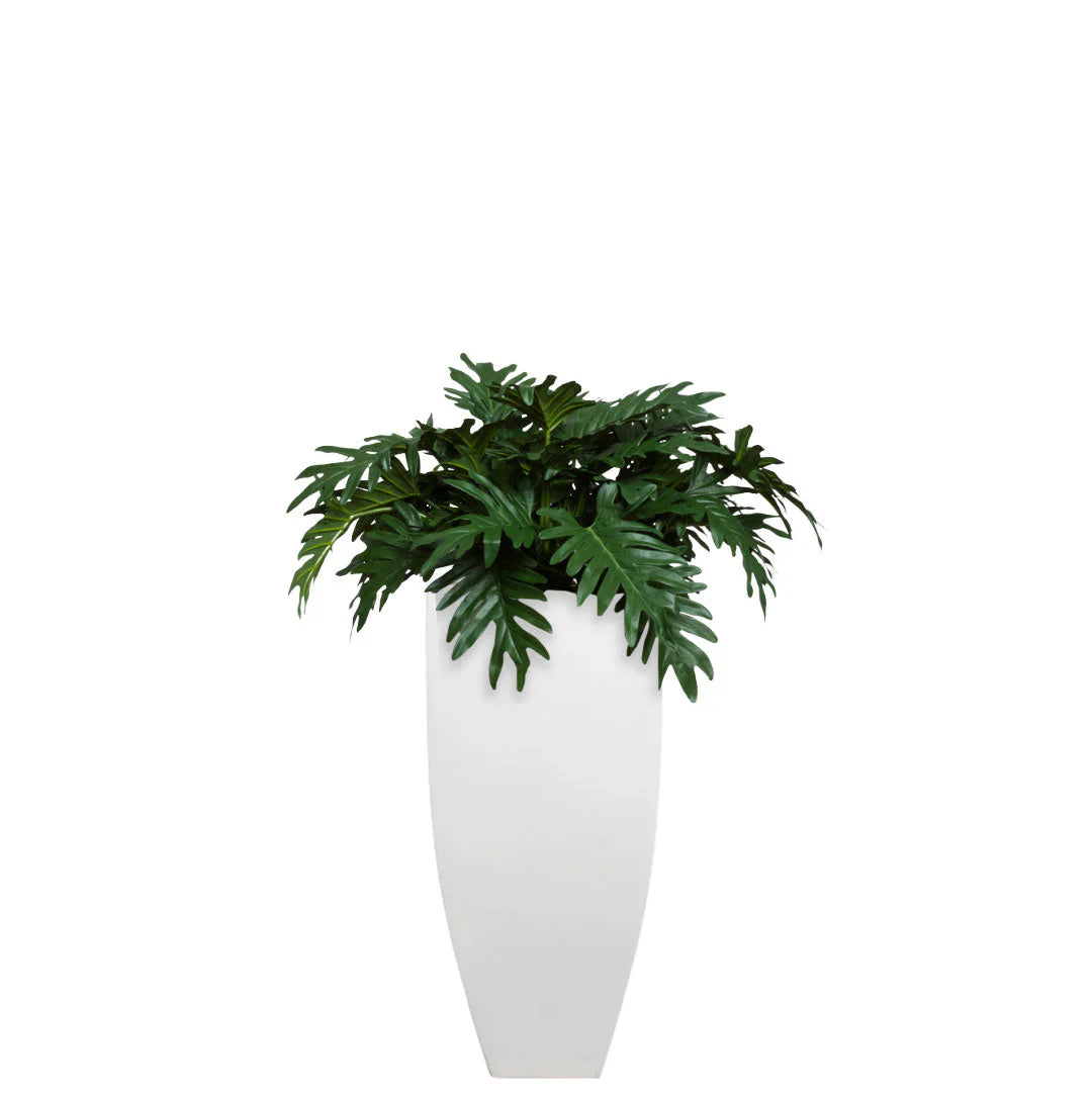 Philodendron Selloum artificial plant with deep green leaves in a tall white planter