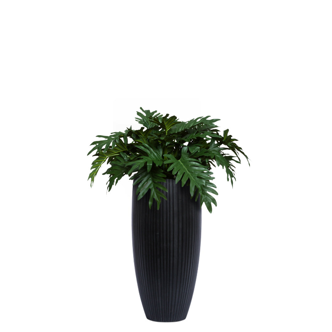 Philodendron Selloum artificial plant in tall black ribbed planter, modern home decor