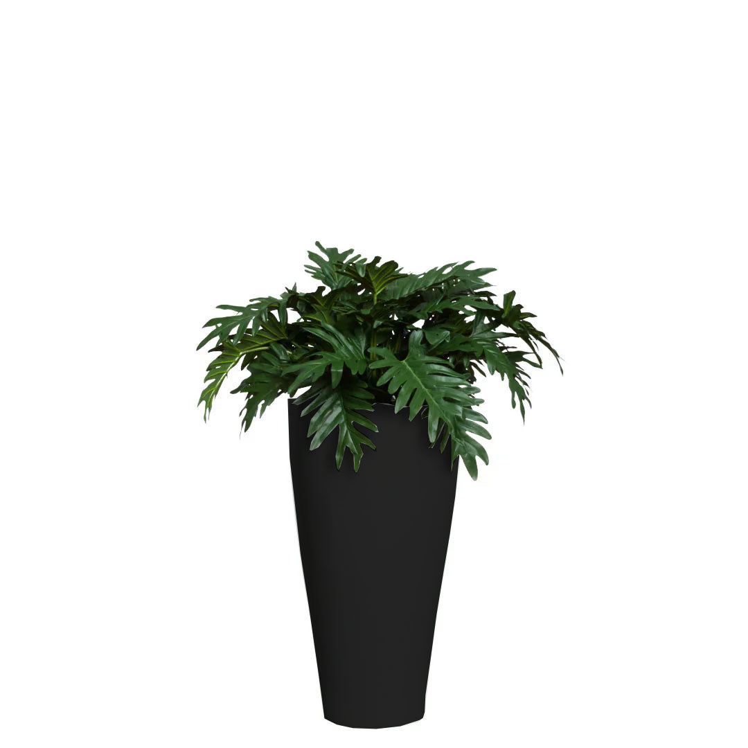 Artificial philodendron selloum plant in tall matte black planter
