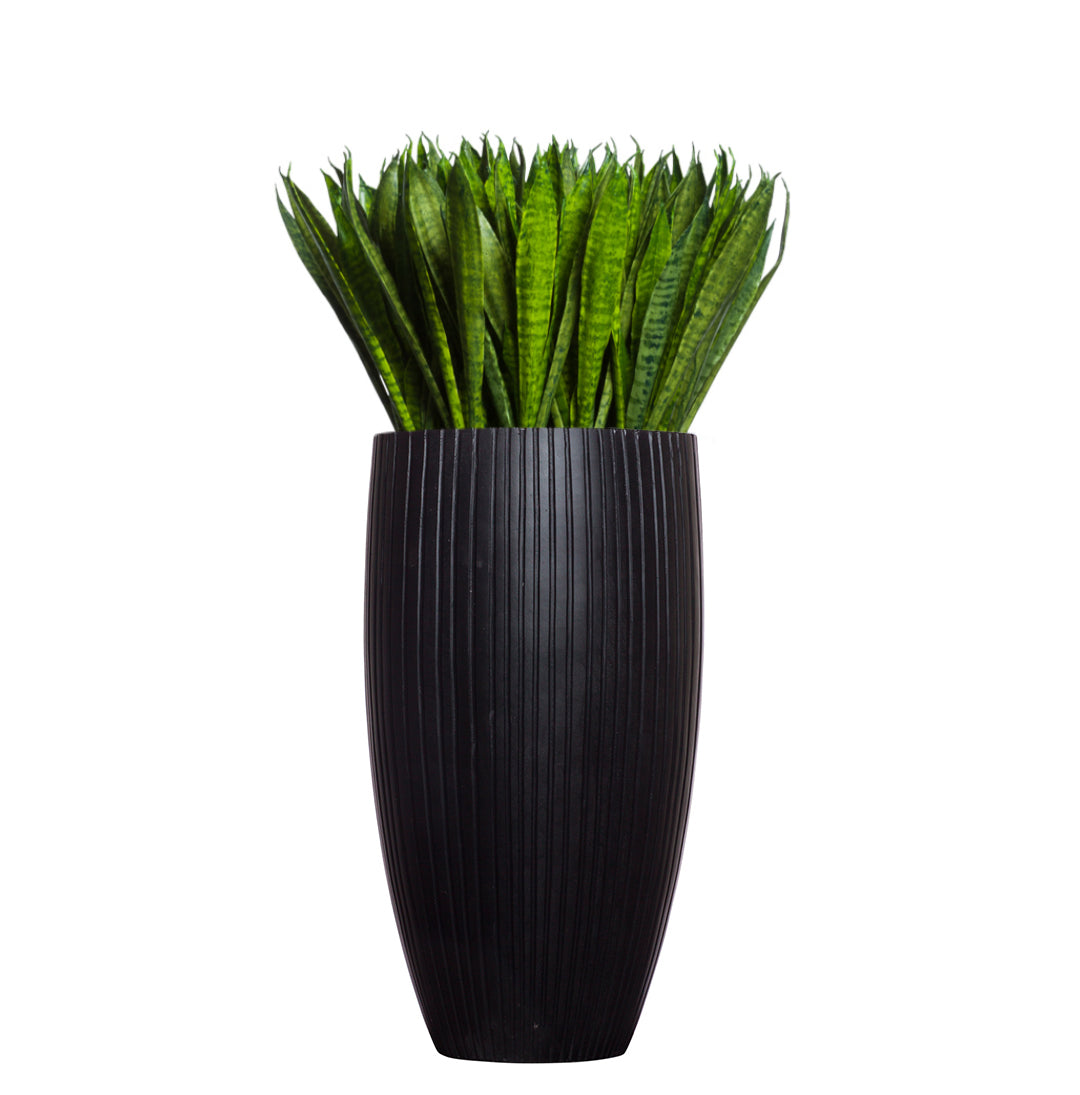 Artificial sansevieria plant in tall ribbed black planter on white background