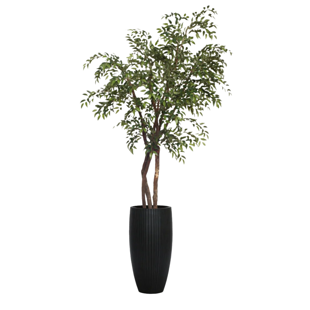 Artificial leafy tree in tall black ribbed planter, realistic silk foliage