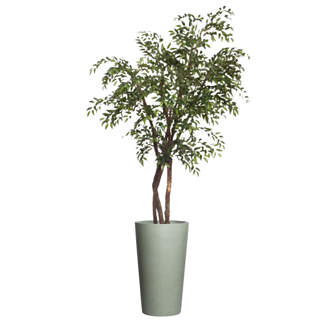 Artificial smilax tree with lush green leaves in a tall greystone planter