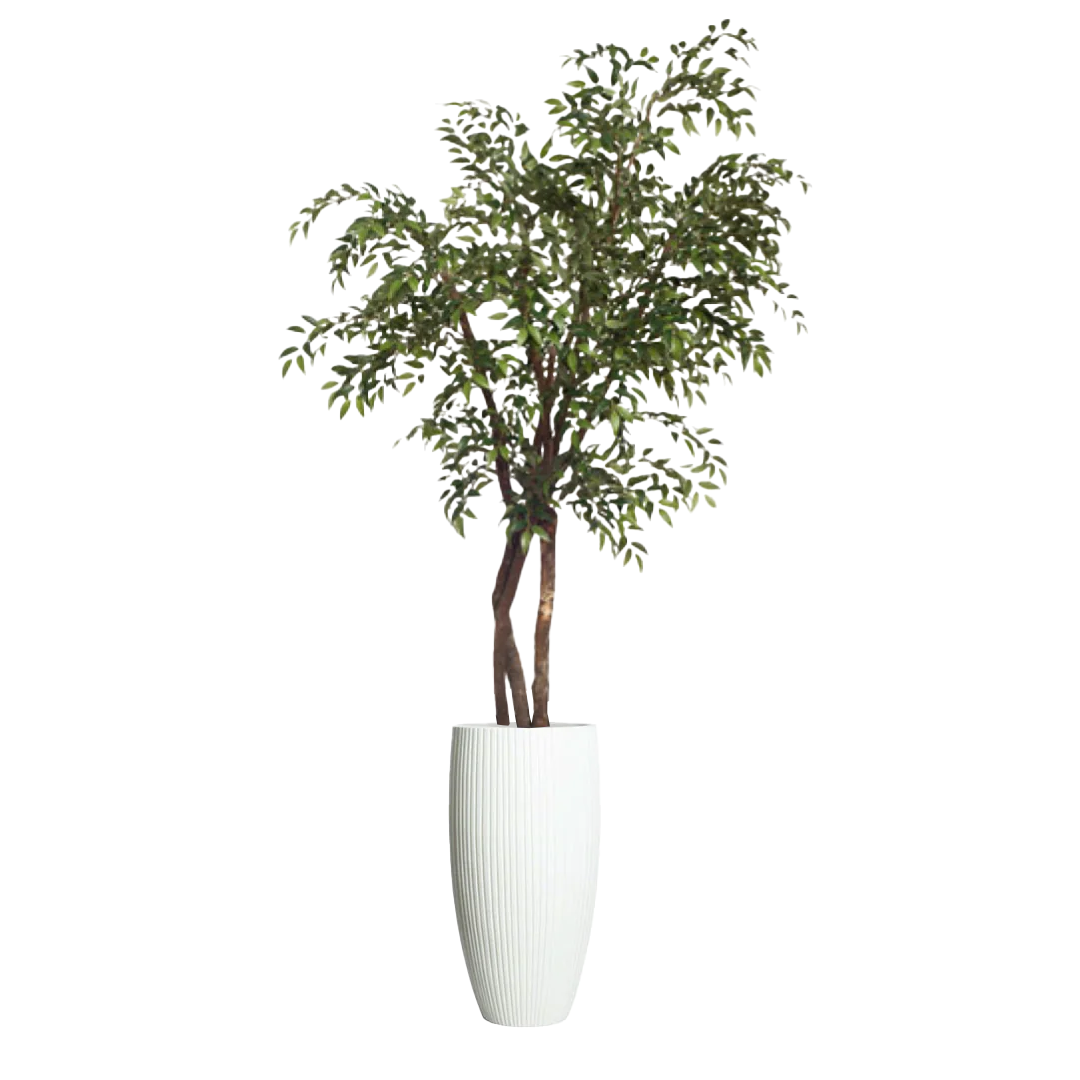 Artificial Smilax tree in tall white ribbed planter, realistic green foliage, indoor decor