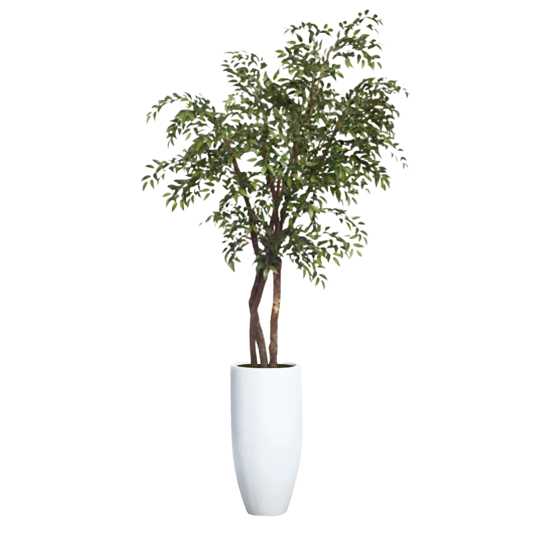 artificial green tree with slender branches in tall white planter