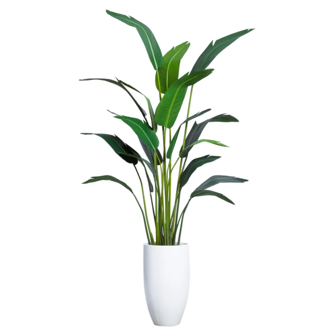Tall artificial travelers palm plant with green leaves in a modern white planter