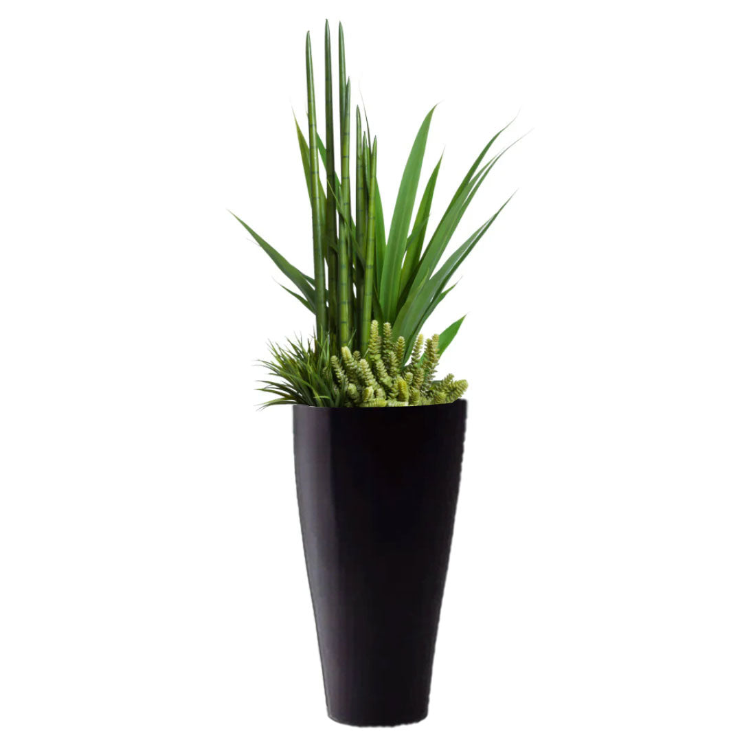 Artificial succulent arrangement in tall black planter with mixed green foliage