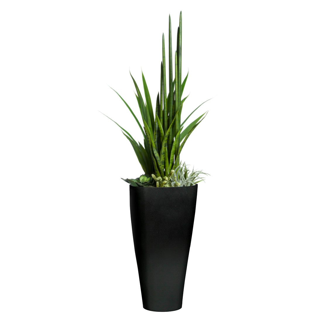 Artificial succulent mix in tall black vase, modern botanical decor