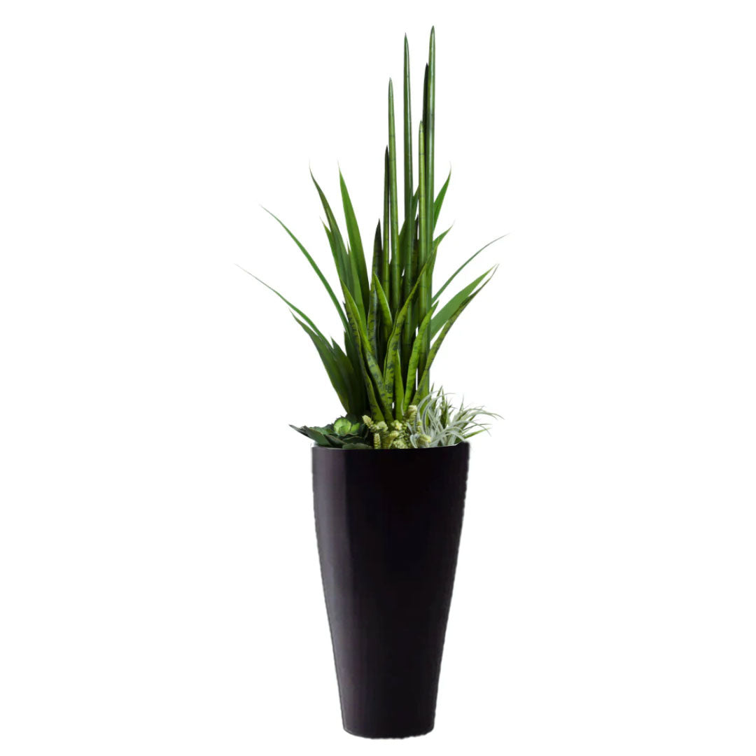 Artificial succulent mix in tall black planter, featuring realistic green foliage