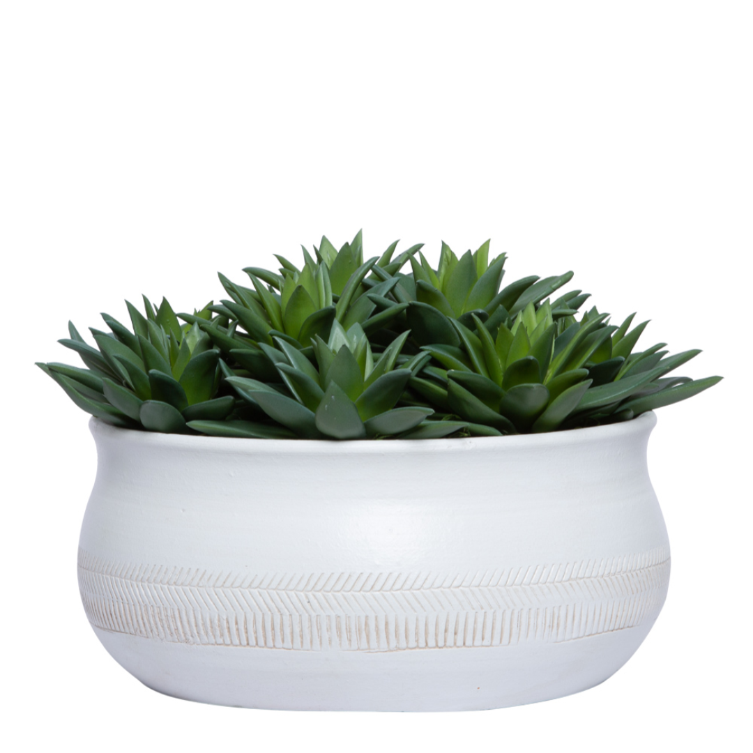 Artificial green succulents in a white textured ceramic bowl, modern tabletop decor