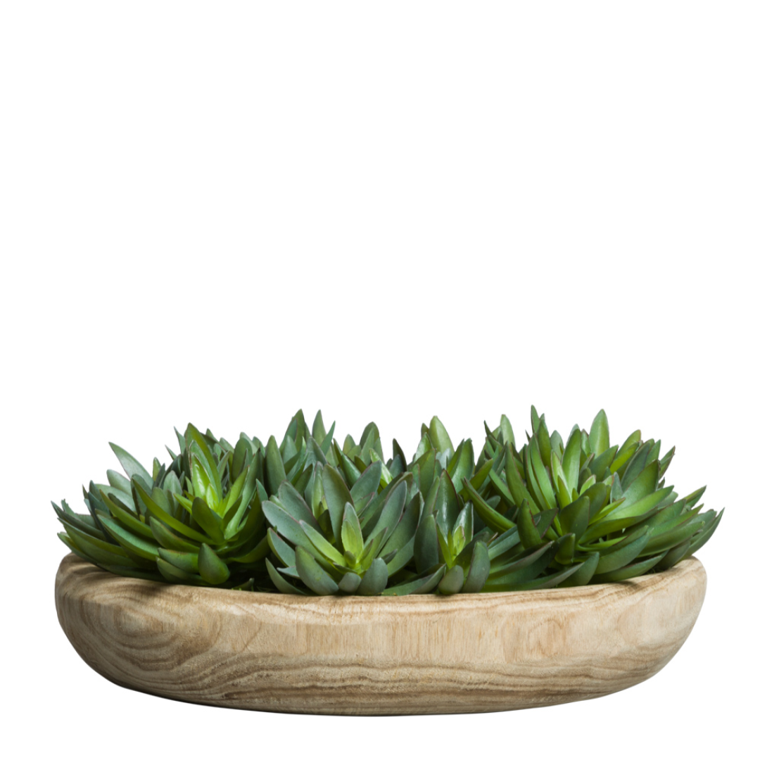 Artificial succulent arrangement in a round wooden planter, realistic green foliage.
