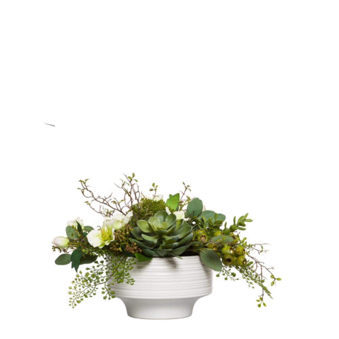 Artificial succulent and fern arrangement in white ceramic bowl