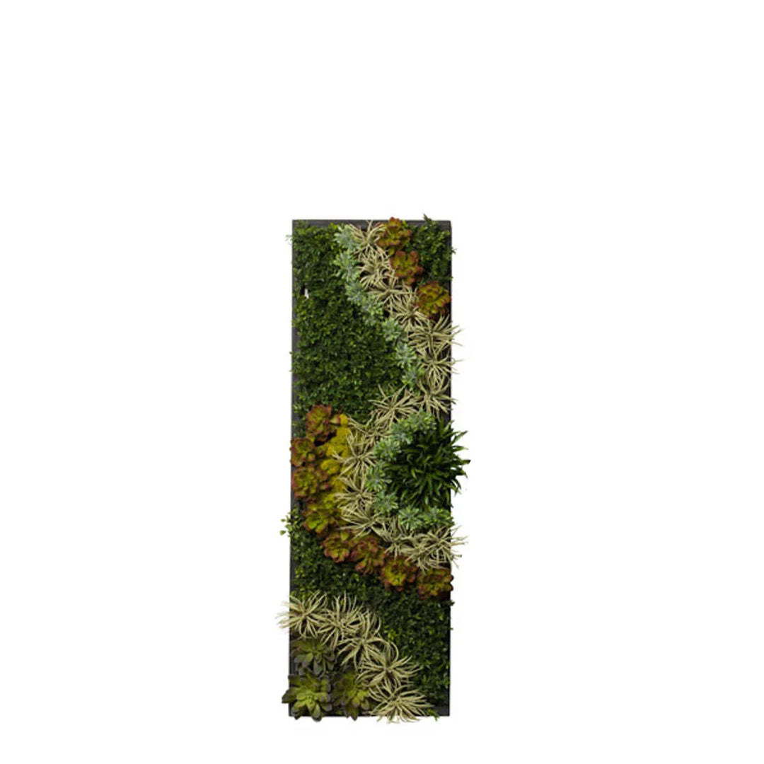 Rectangular vertical succulent wall art with mixed artificial green plants and moss.