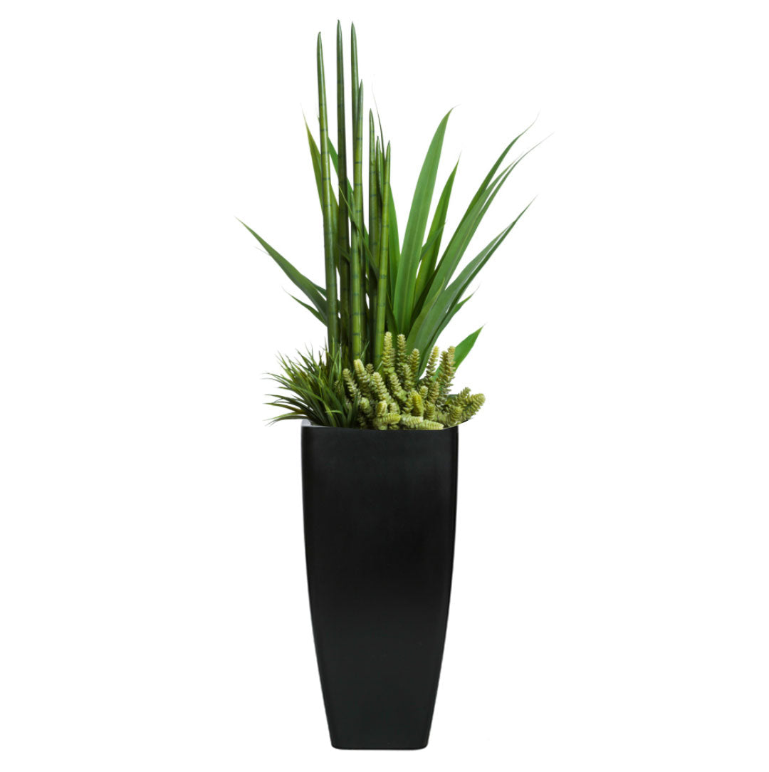 Artificial succulent plant arrangement in a modern tall black tapered planter