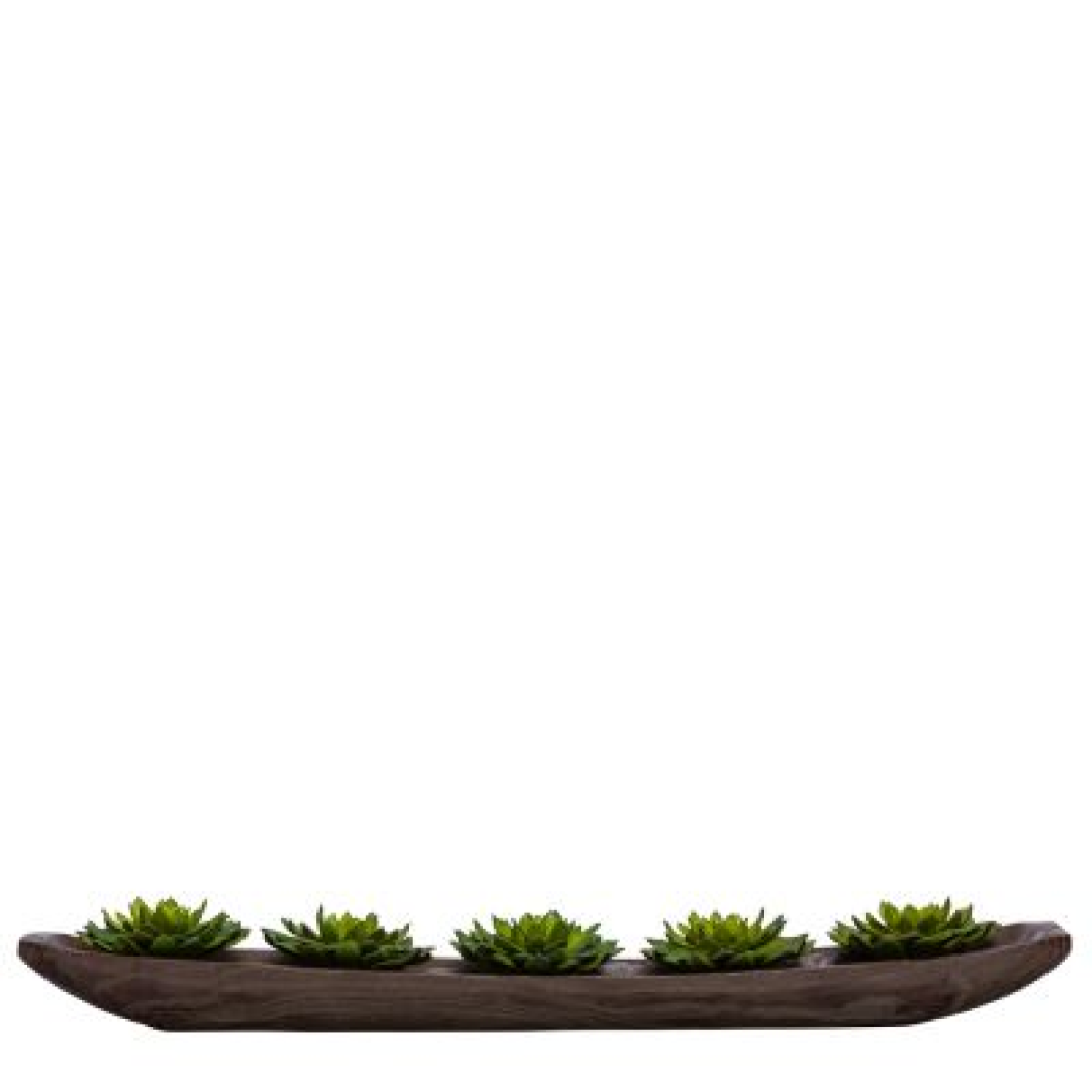 Artificial succulents in a long wooden planter, modern botanical table decor arrangement