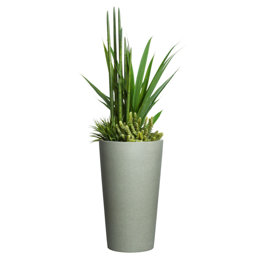 Mixed artificial succulents and greenery in a tall greystone planter, modern decor