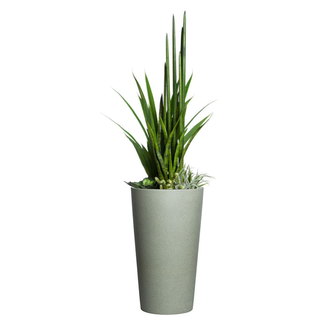 Artificial succulent and greenery mix in tall greystone planter, modern decor