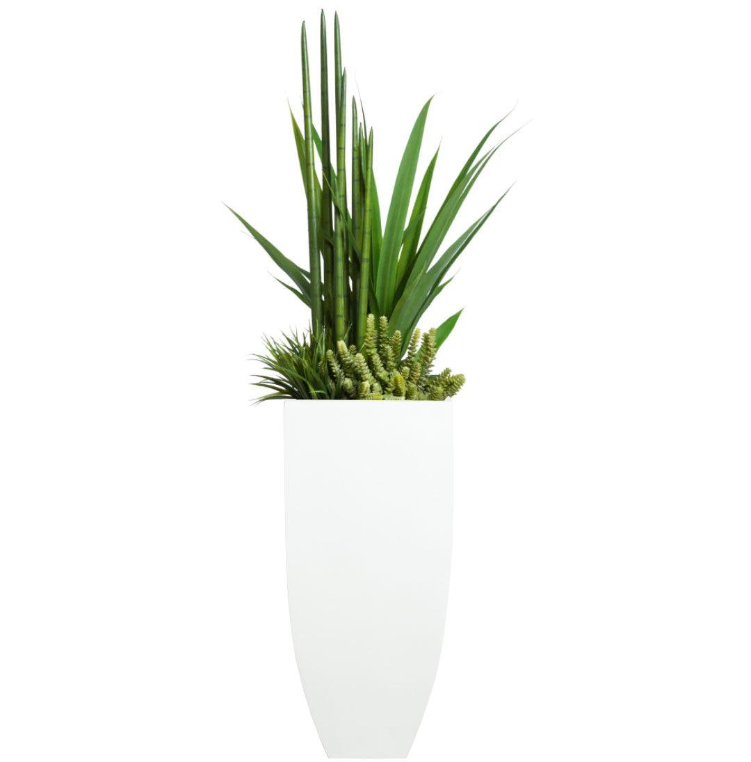 Artificial succulent and greenery mix in tall white modern planter