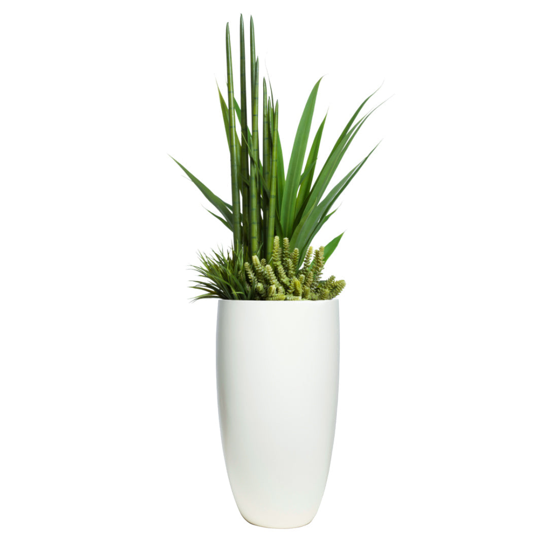Artificial succulent and greenery arrangement in tall white planter