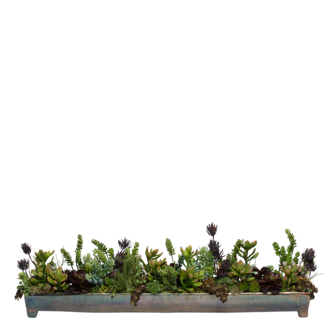 Artificial mixed succulents arrangement in a long rectangular planter