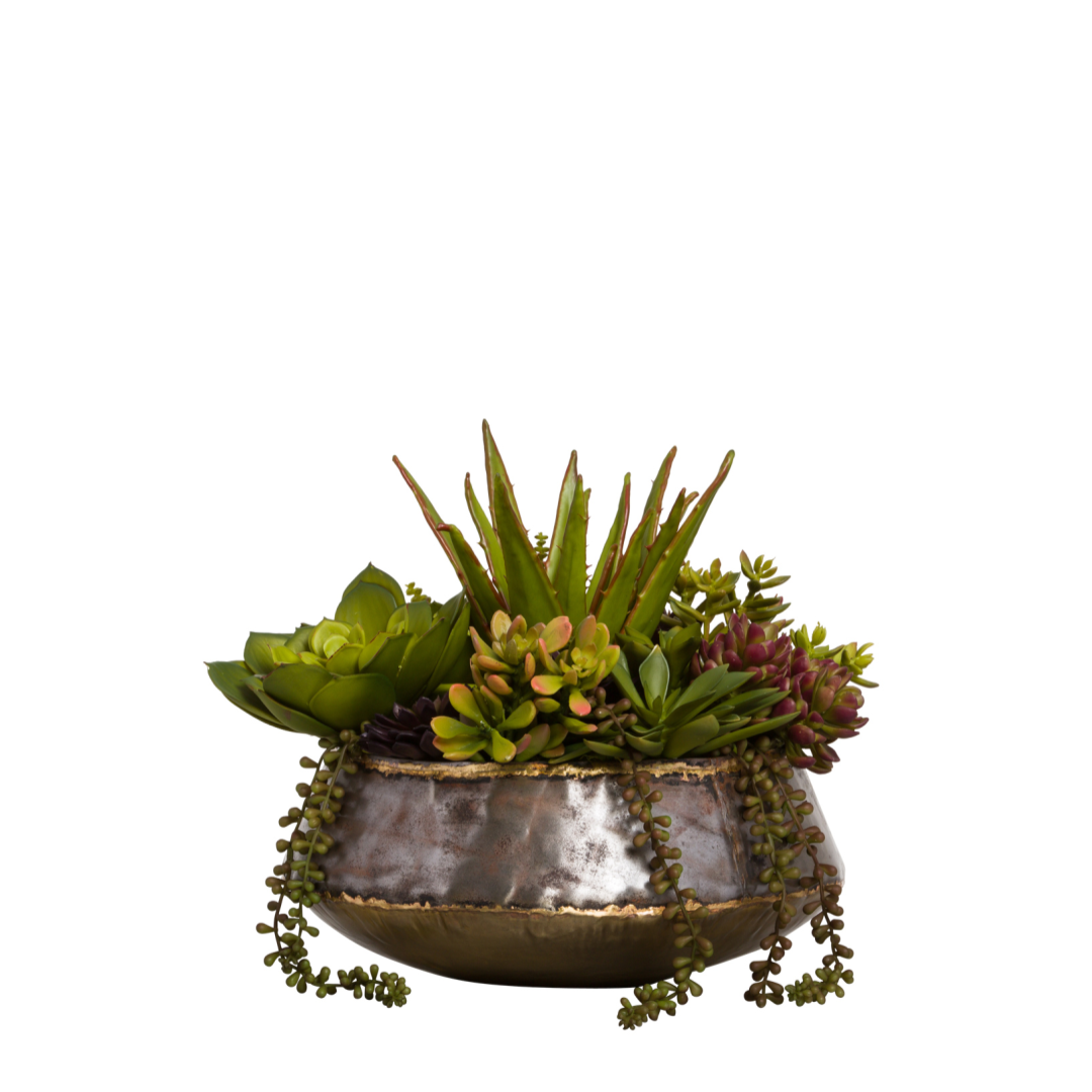Artificial succulent arrangement in a round metallic planter, mixed green and burgundy leaves