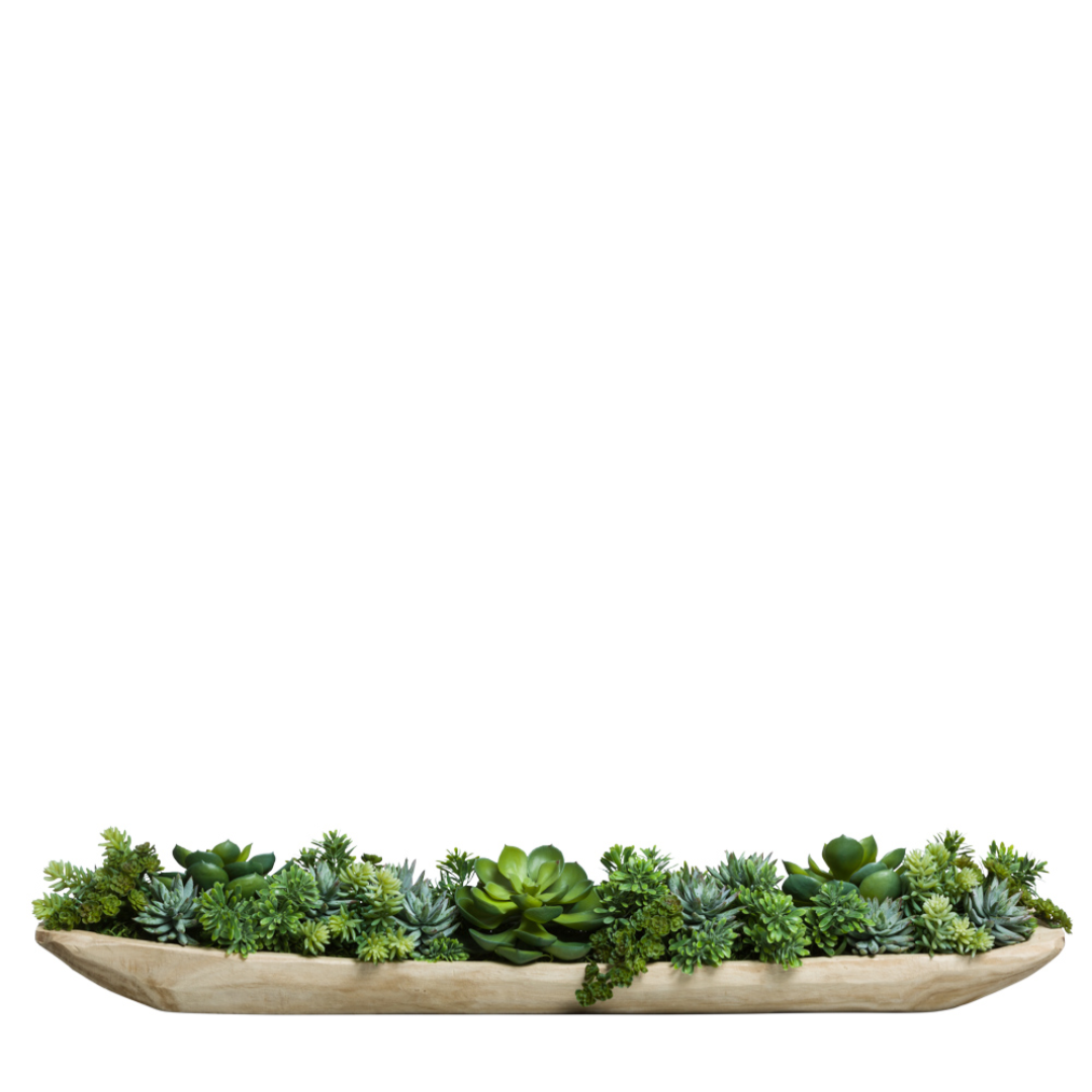 Artificial mixed succulents arrangement in a long, natural wood planter, decorative centerpiece