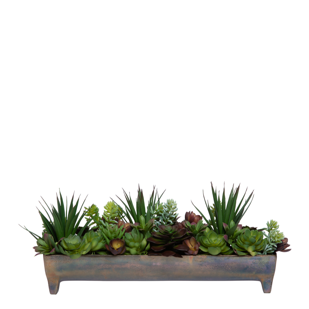 Artificial succulent arrangement in a rectangular planter with mixed green and burgundy hues