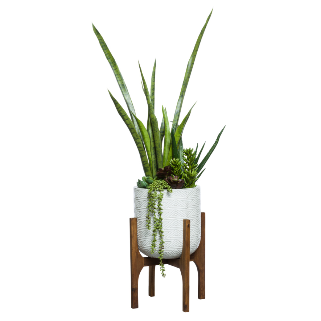 Artificial succulents and snake plant in textured white pot on wooden stand