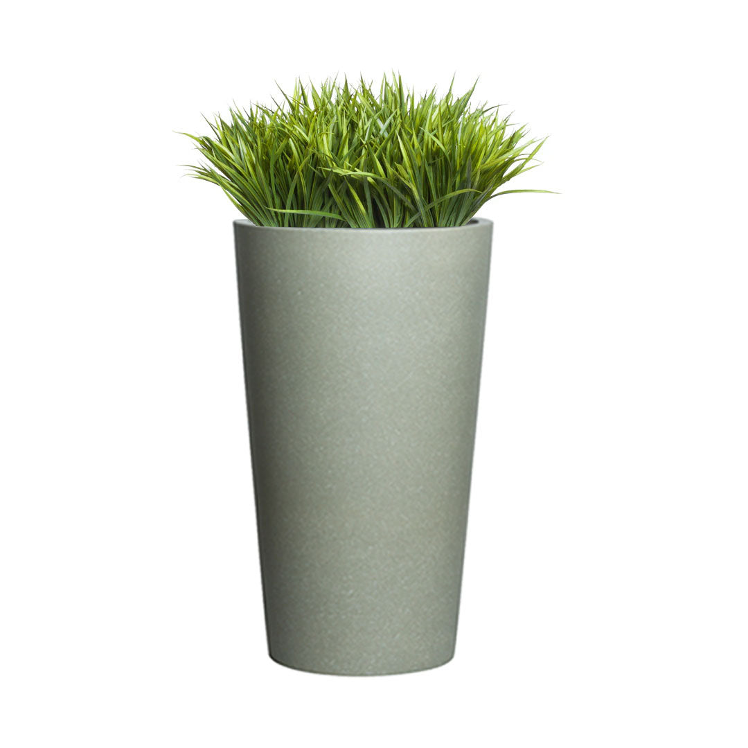 Artificial sword grass in tall greystone planter, realistic faux plant decor