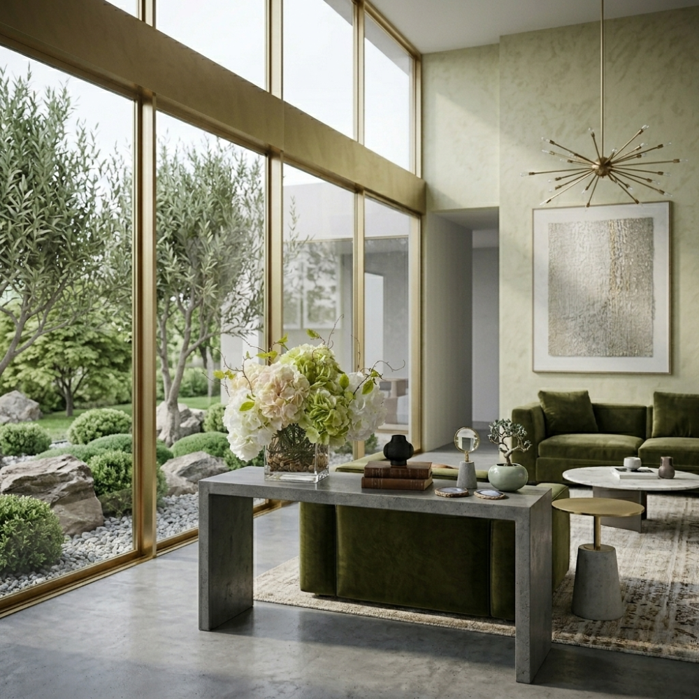 Modern living room with large windows, green sofa, and decorative elements.