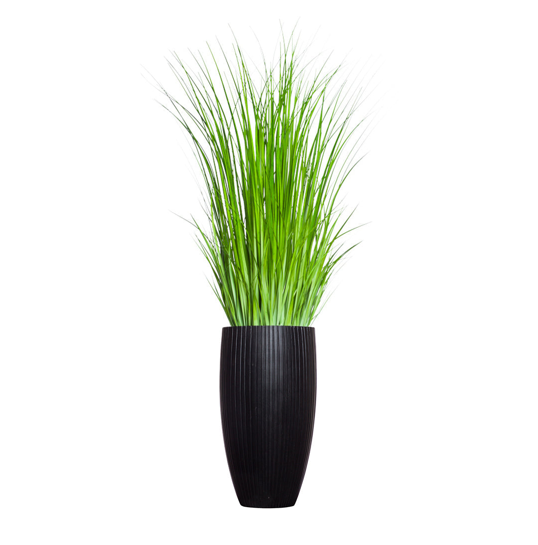 Artificial wild grass in tall ribbed black planter, modern home decor accent