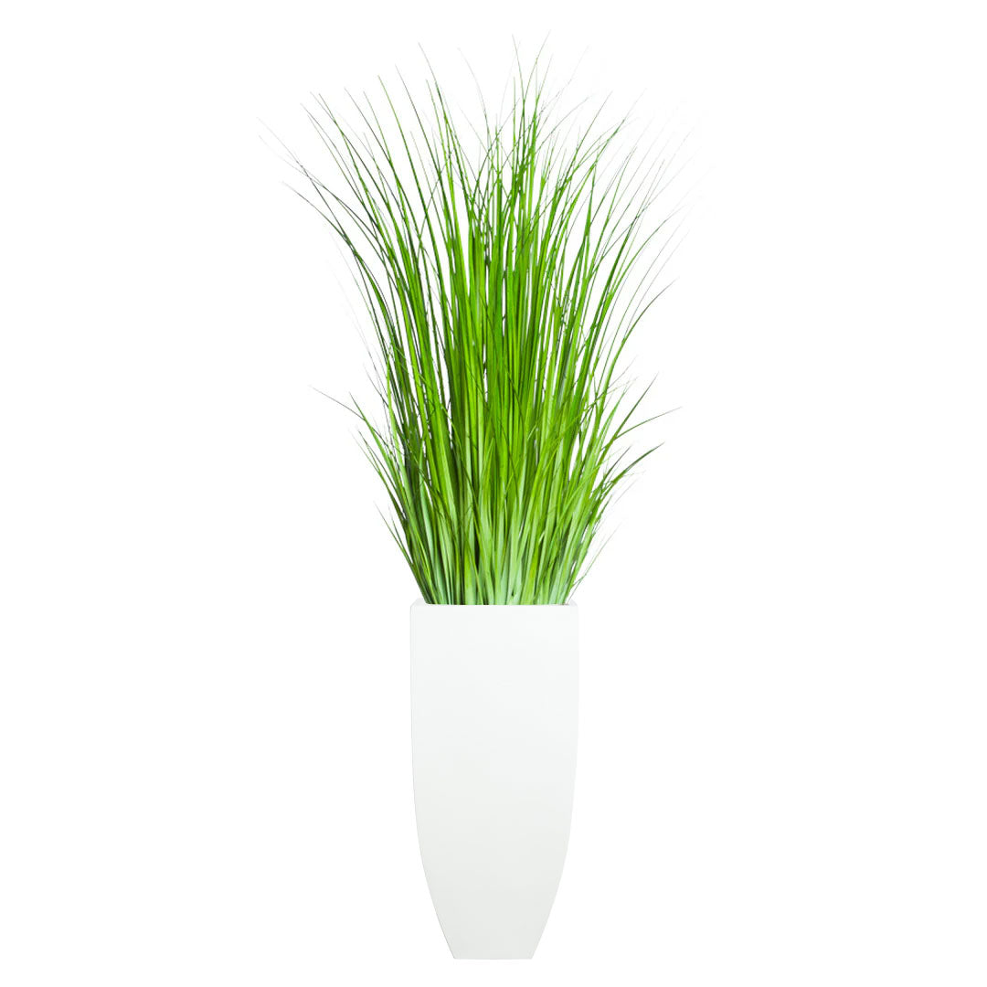 Artificial wild grass arrangement in tall white planter, modern decorative greenery