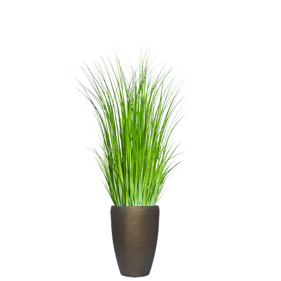 Artificial wild grass plant in textured bronze pot on white background