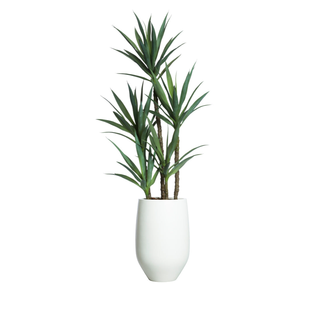 Artificial yucca plant with spiky green leaves in a modern white planter on white background.