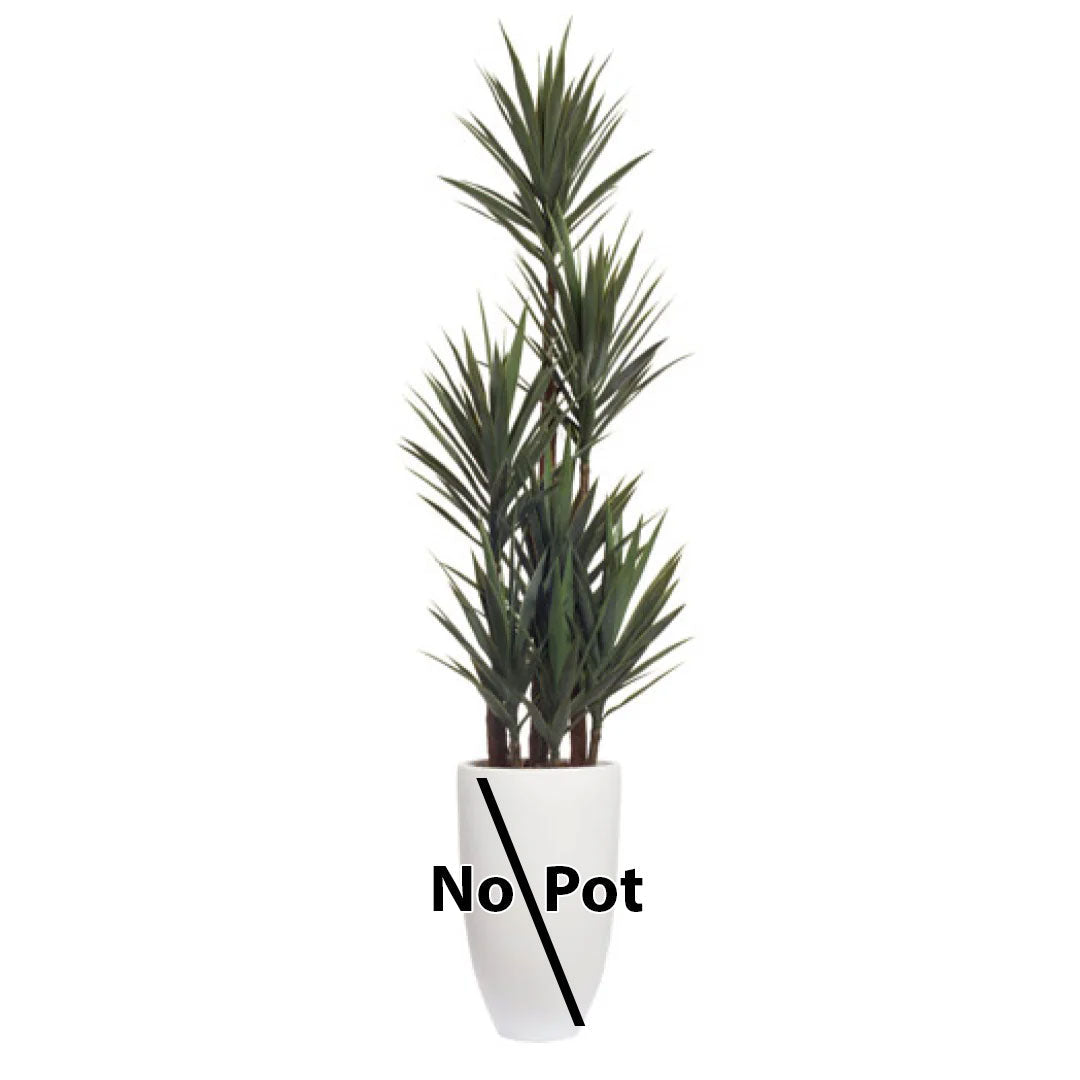 Artificial yucca plant with spiky green leaves, no decorative pot, on a white background.