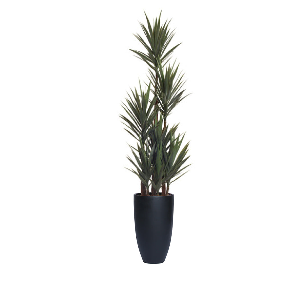 Artificial yucca plant with tall green leaves in a modern black pot on white background