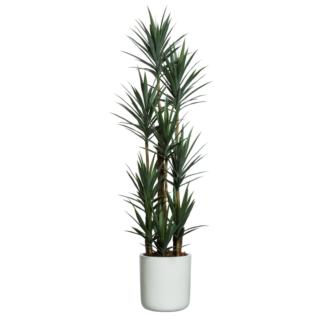 Artificial yucca plant with green spiky leaves in a modern white pot on white background.