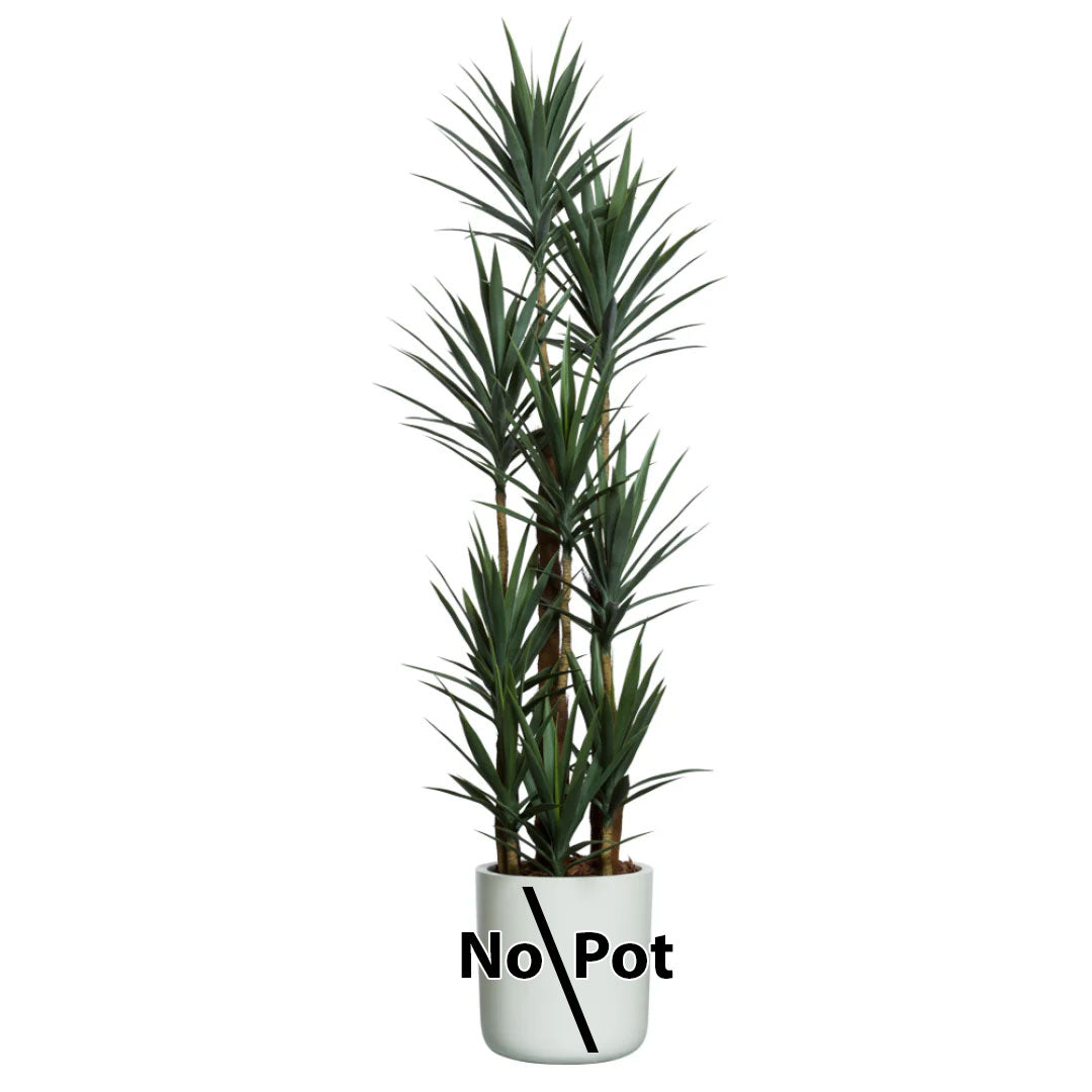 Artificial yucca plant with green spiky leaves in a white pot, white background