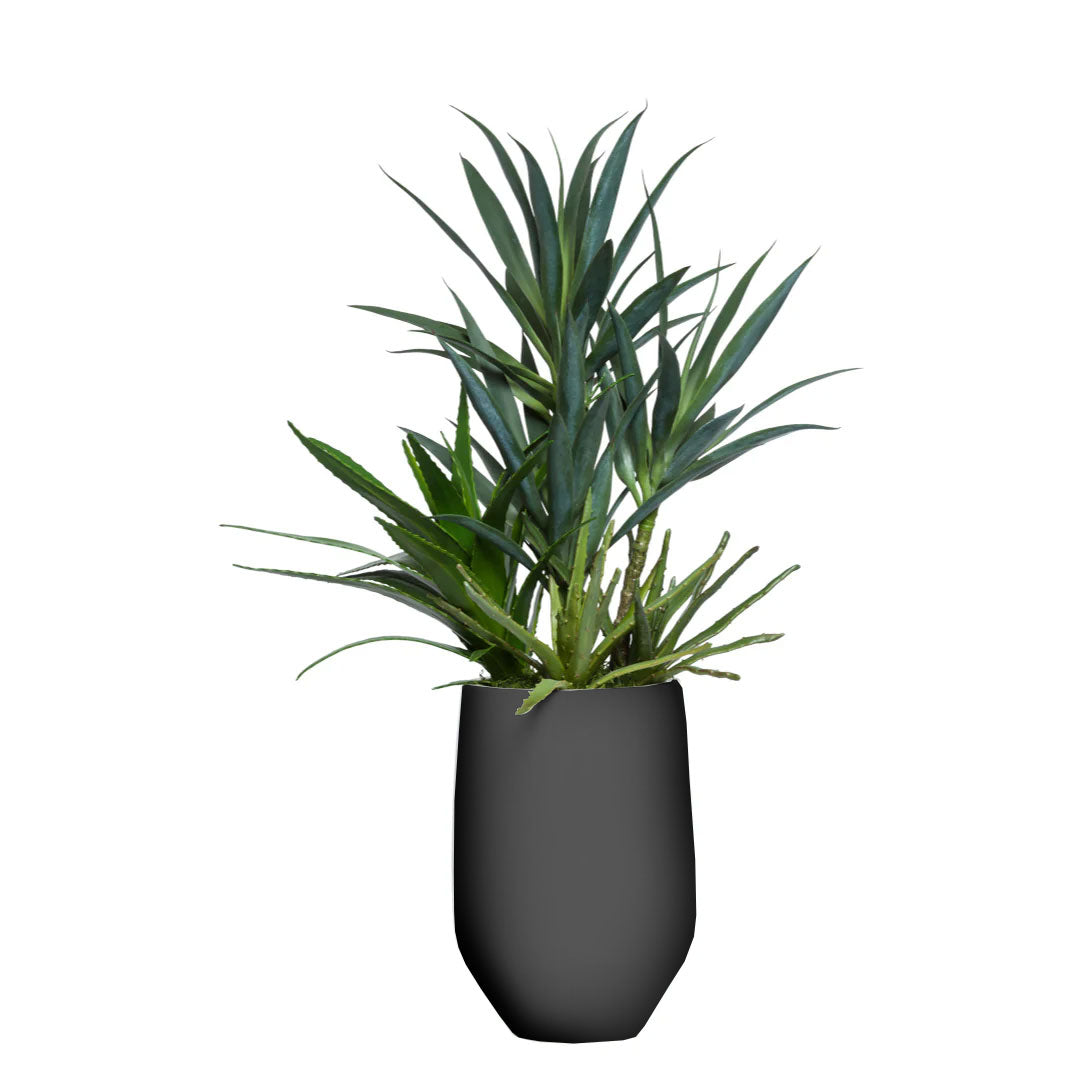 Artificial yucca and aloe plant in modern matte black pot, realistic greenery decor