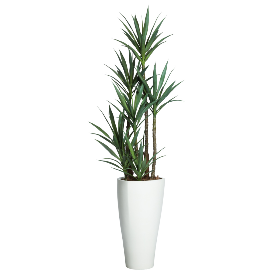 Artificial yucca plant with green leaves in tall white planter, modern home décor