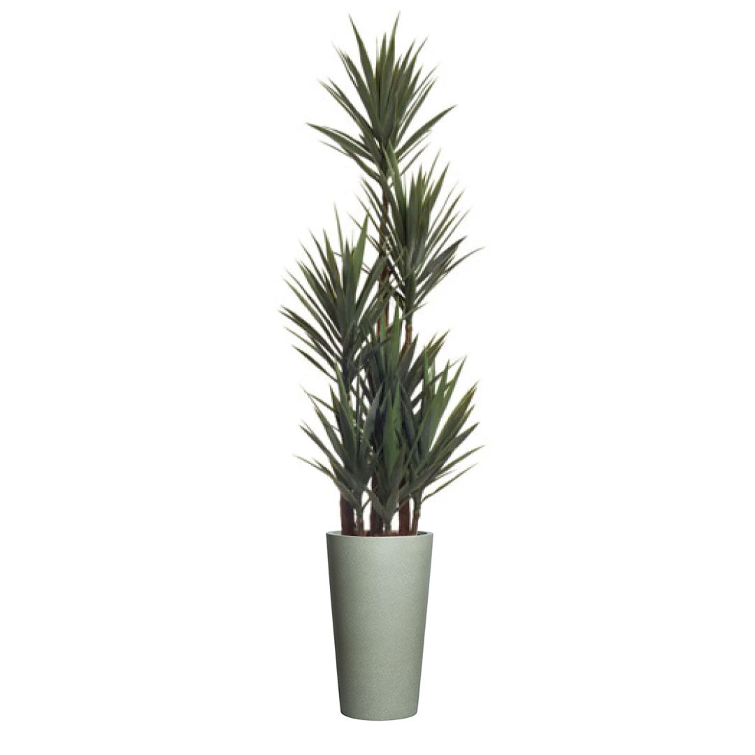 Artificial yucca plant in tall greystone planter, realistic green foliage, indoor décor