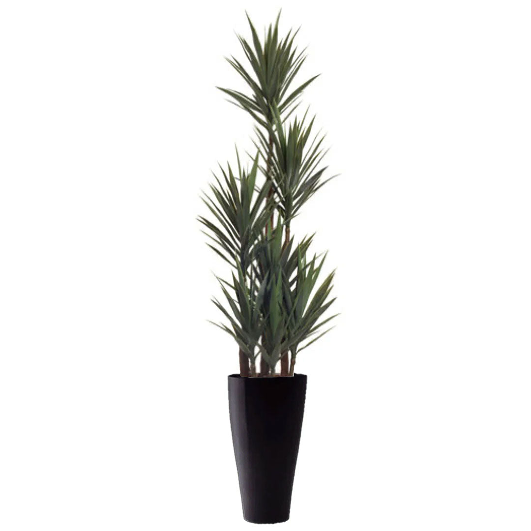 Artificial yucca plant with spiky green leaves in a tall black planter, white background