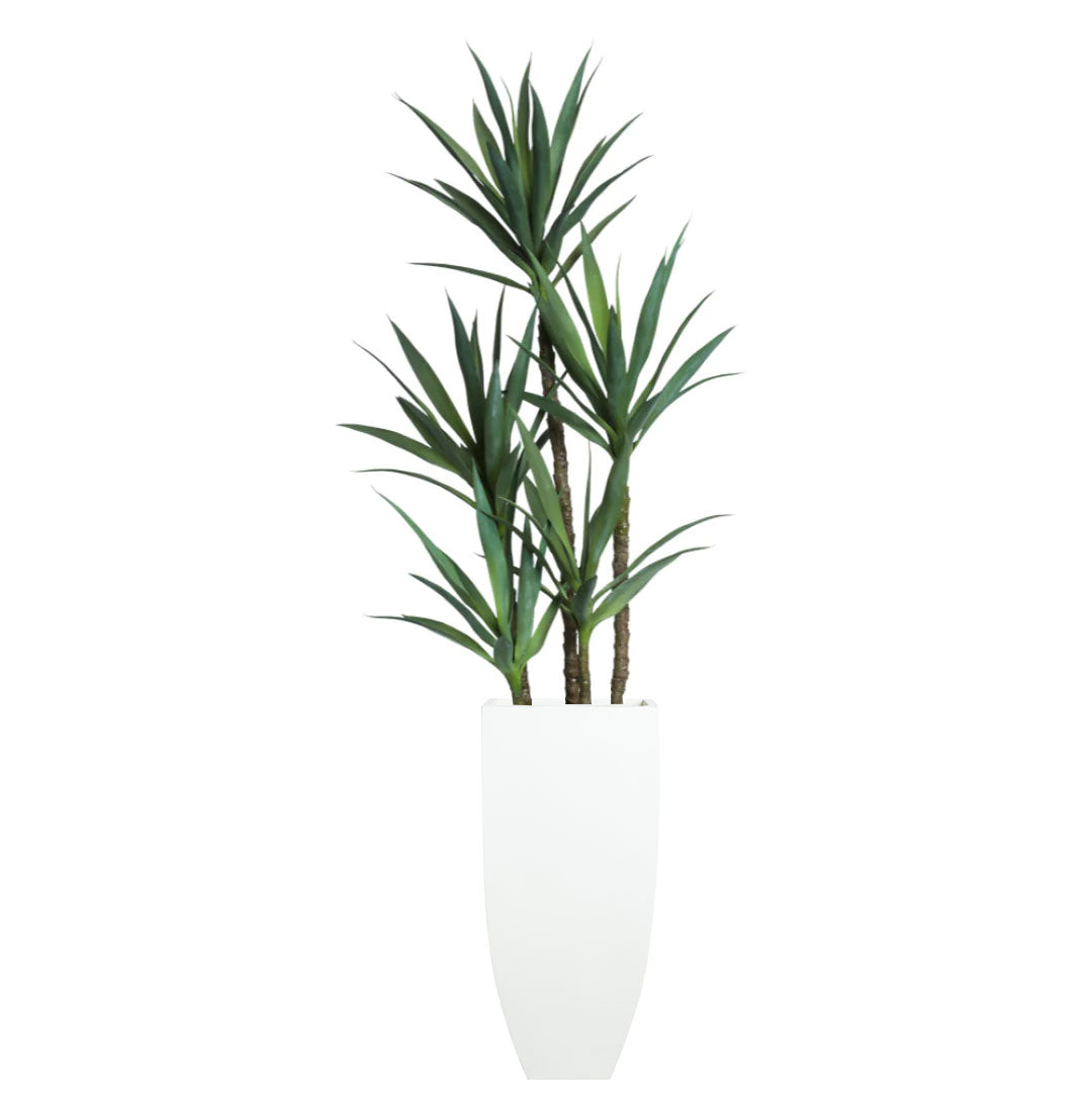 Artificial yucca plant with green leaves in a tall white planter, isolated on white background