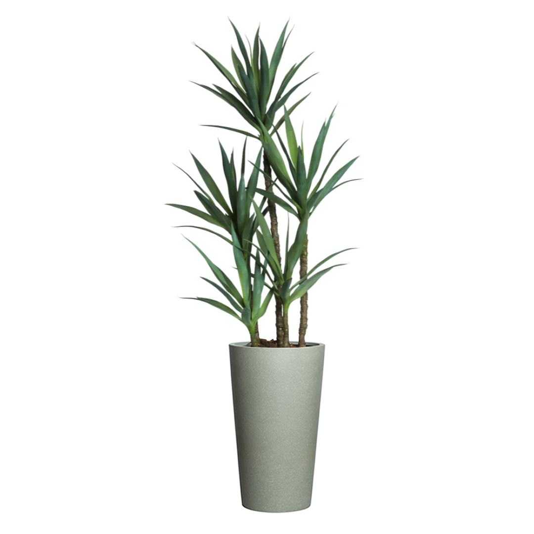 Artificial yucca plant in tall greystone planter, realistic green leaves