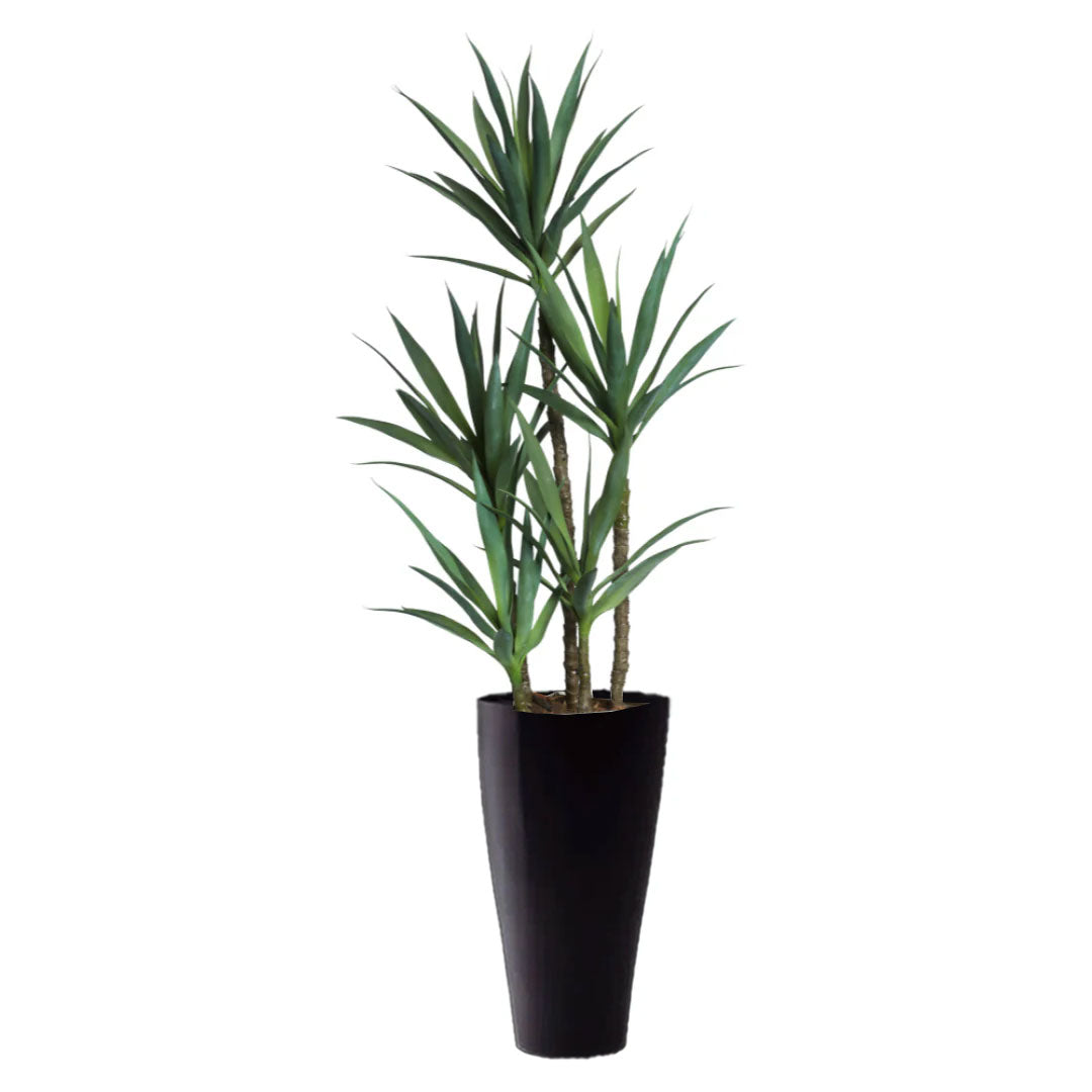 Artificial yucca plant with green leaves in tall black planter